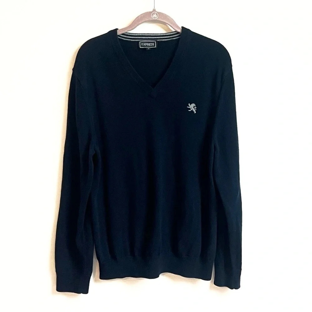 Express Men’s Solid Navy Blue Sweater Cotton Knit Pullover Large Long Sleeves